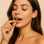 Mujer con piel radiante tomando cápsula amarilla sobre fondo beige, cuidado y bienestar