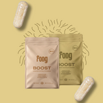 Suplementos naturales Fong Boost con extractos orgánicos de Hericium, Maitake y Cordyceps en cápsulas