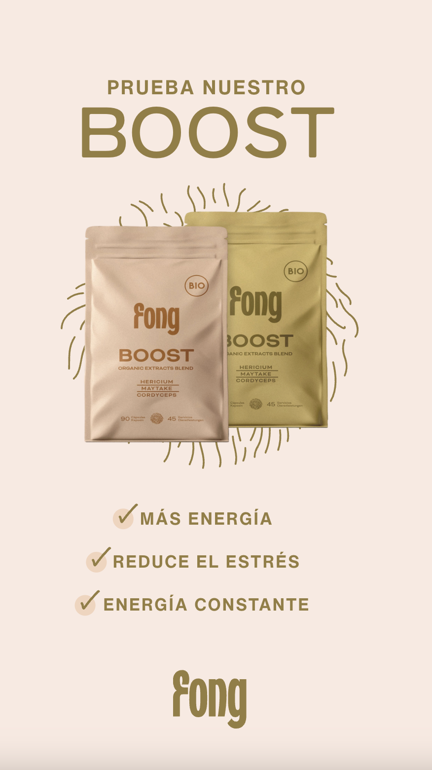 Suplementos orgánicos Fong Boost con extractos de Hericium, Maytake y Cordyceps para más energía y menos estrés