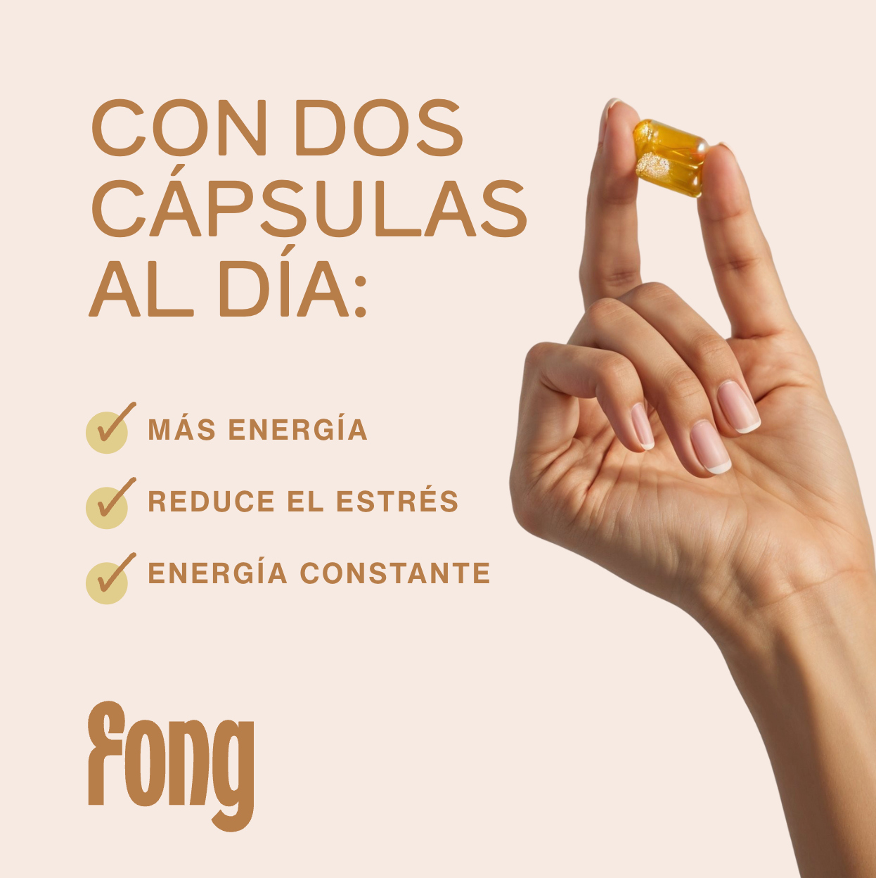 Mano sosteniendo cápsula amarilla con texto beneficios energía y reducción estrés Fong